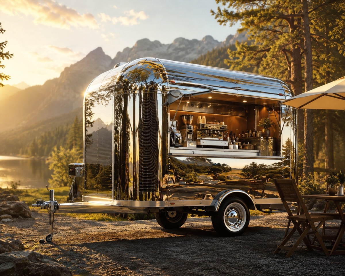 Bar mobile chromé au bord du lac