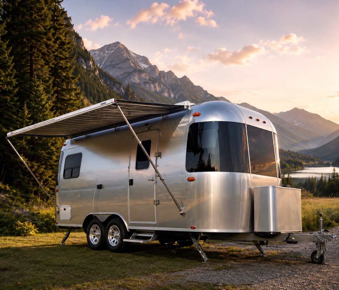 Caravane argentée en montagne